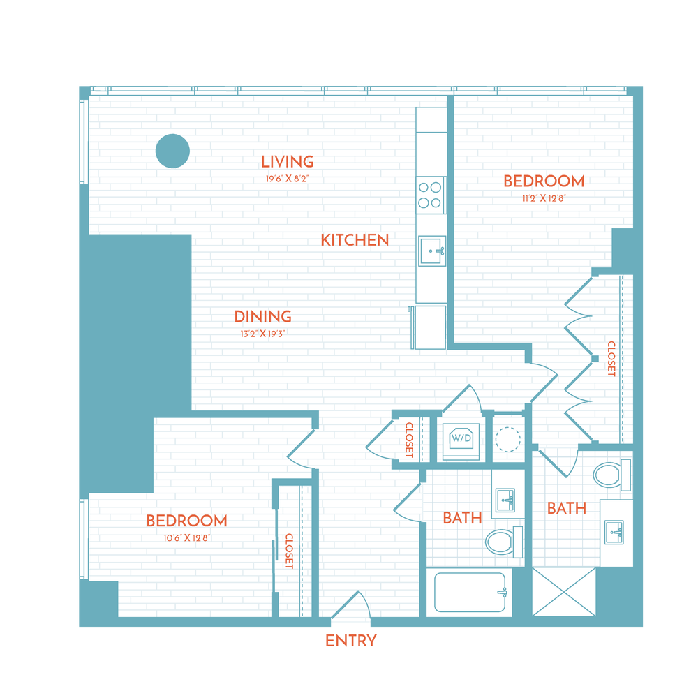 Floor plan layout diagram for F3 | 2 Bed | 2 Bath