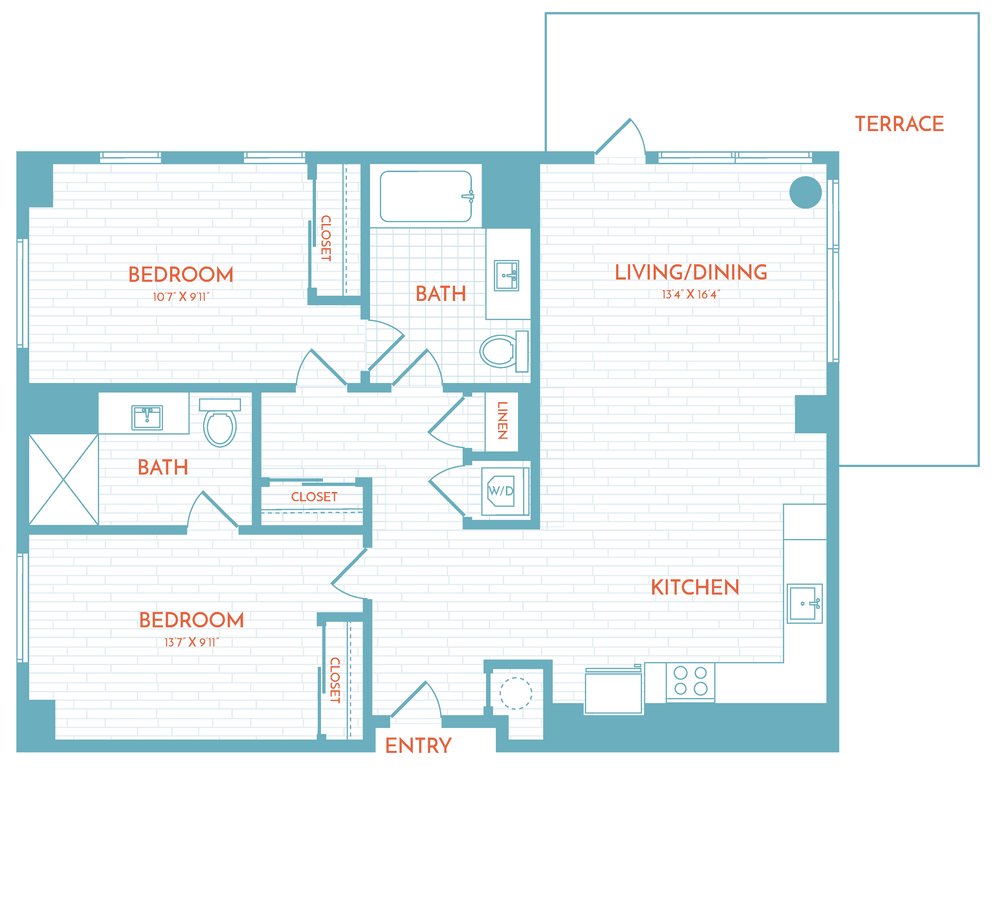 Floor plan layout diagram for F6 | 2 Bed | 2 Bath