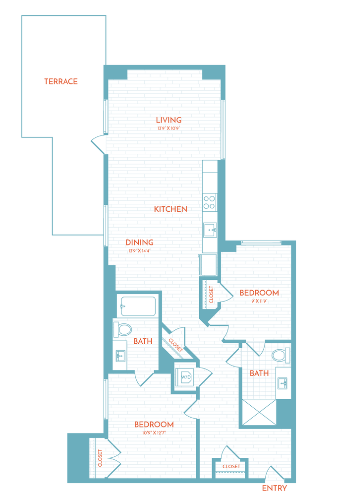 Floor plan layout diagram for F7 | 2 Bed | 2 Bath