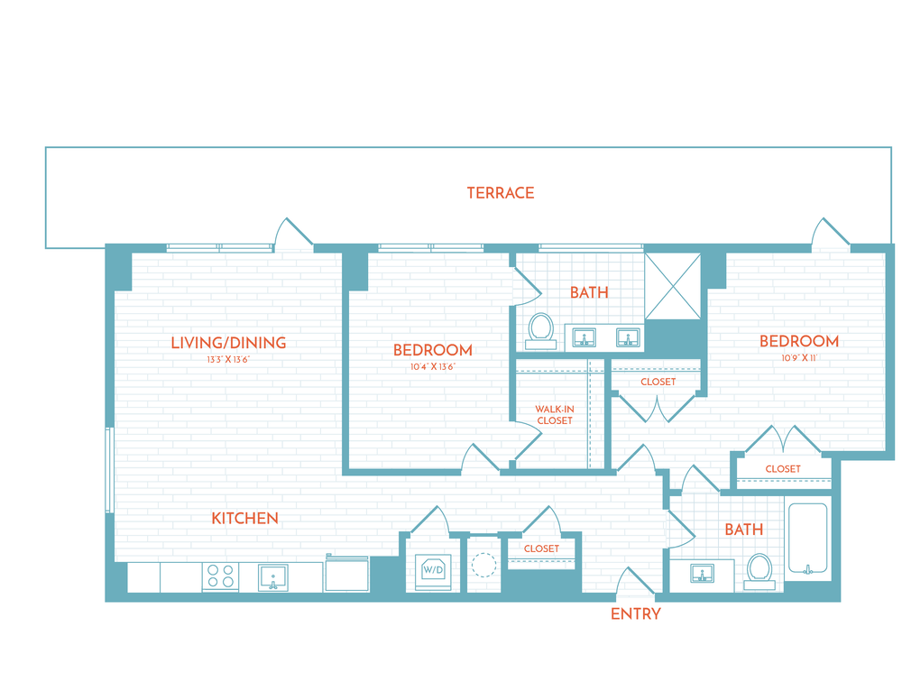 Floor plan layout diagram for F8 | 2 Bed | 2 Bath