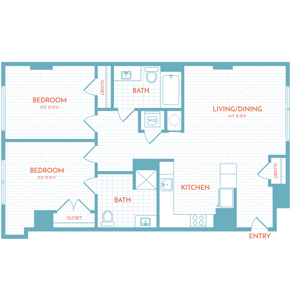 Floor plan layout diagram for F9 | 2 Bed | 2 Bath