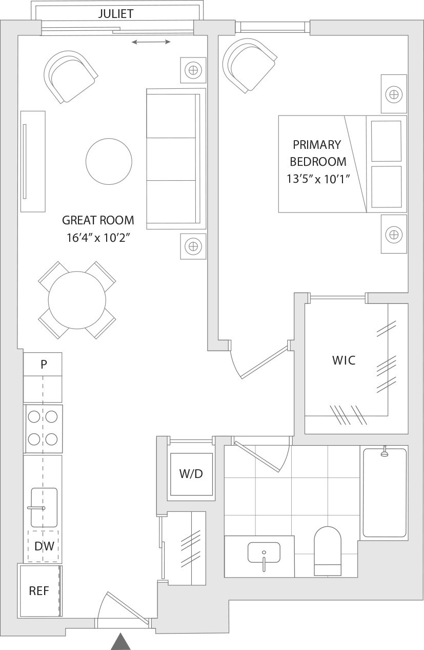 A floor plan of a property named Juliet shows a primary bedroom, a great room, a study, a wet room, a WC, a W/D, a DW, a P, and a reference area.