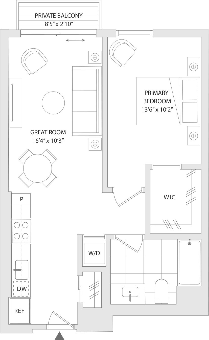 A floor plan of a private balcony and rooms with their respective dimensions.
