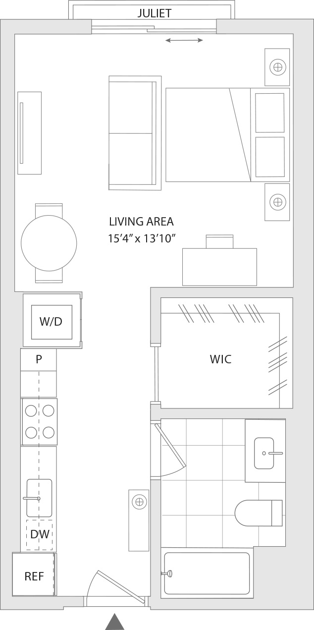 A floor plan of a living space with a living area, W/D, WIC, and REF labeled.