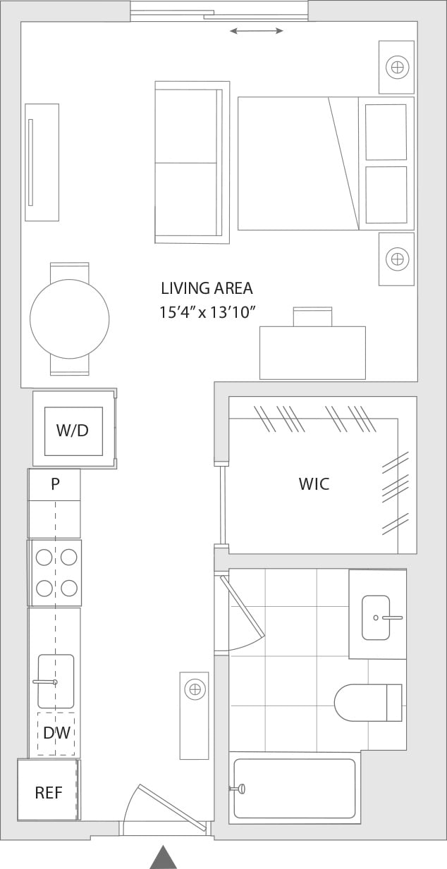 A floor plan of an apartment with a living area, W.D, WIC, and REF labeled.