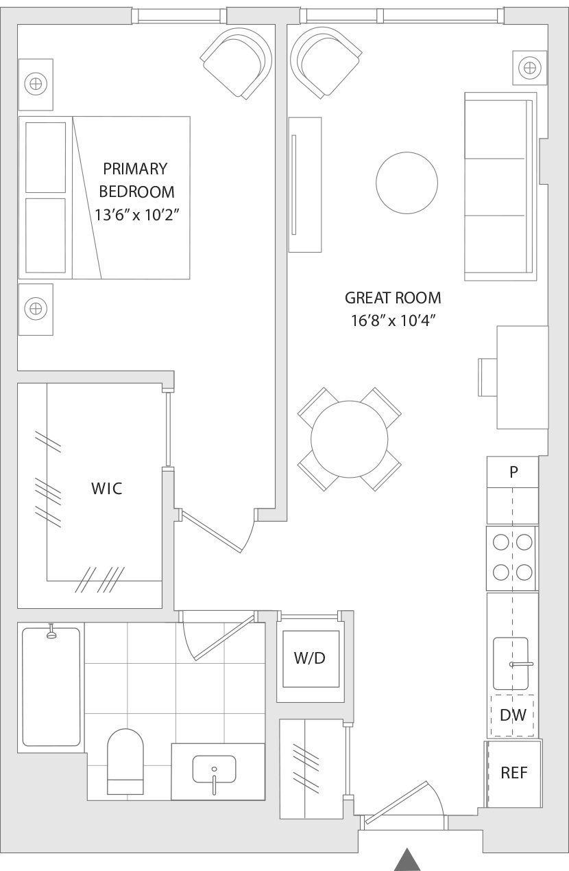 A floor plan of a room with a primary bedroom and a great room.