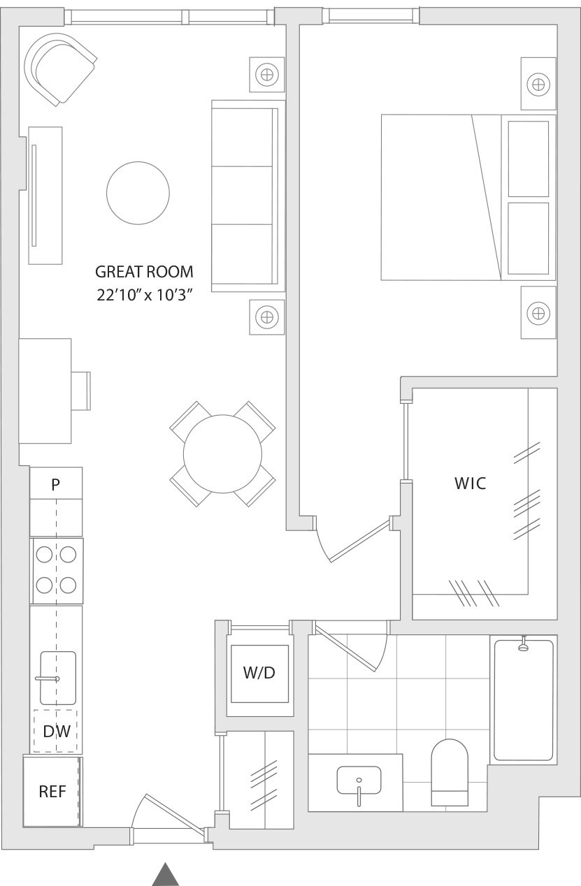 A floor plan of a house with a great room sized at 22'10"x10'3".