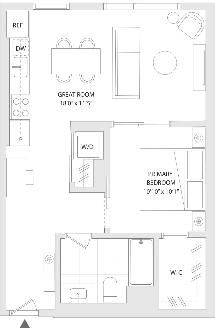 A floor plan of a house with a great room, primary bedroom, and a WIC area.