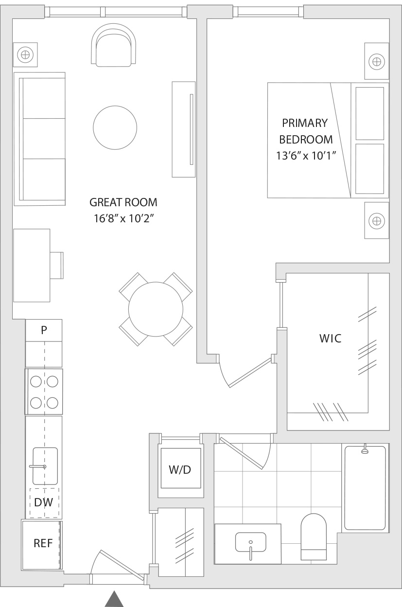 A floor plan of a house with a primary bedroom, a great room, a wet/dry wall, and a reference wall.