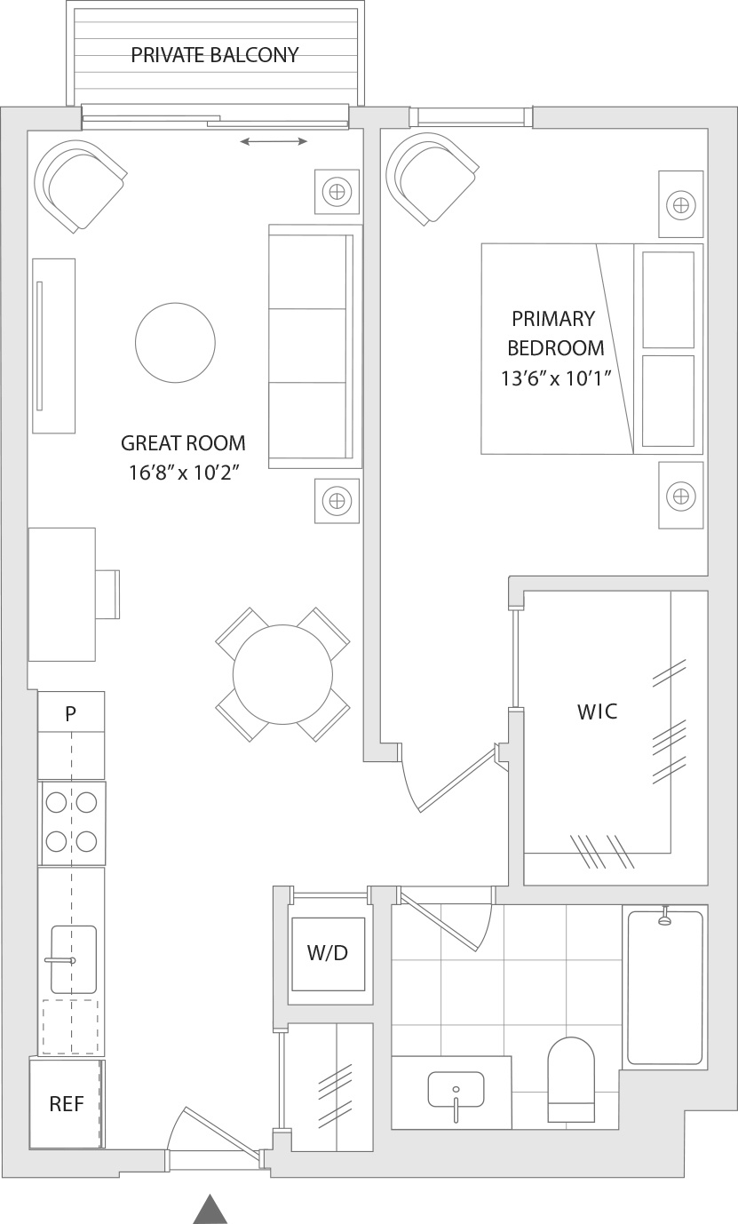 A floor plan of a home with a private balcony, great room, and two bedrooms.