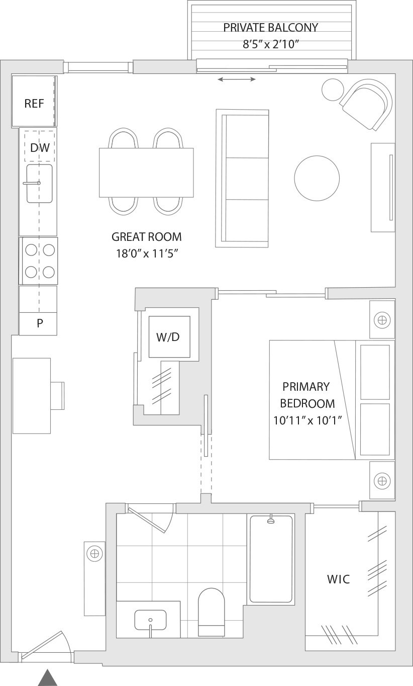 A floor plan of an apartment with a private balcony, great room, and primary bedroom.