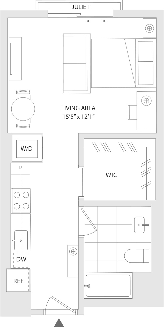 A floor plan of a living space with a living area of 15'5"x12'1" and a WIC.