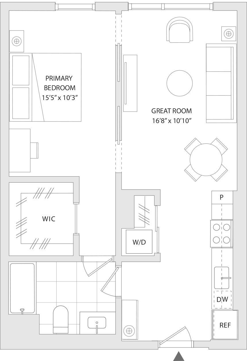 A floor plan of a house with a primary bedroom, a great room, a WIC, a W/D, a DW, and a REF.