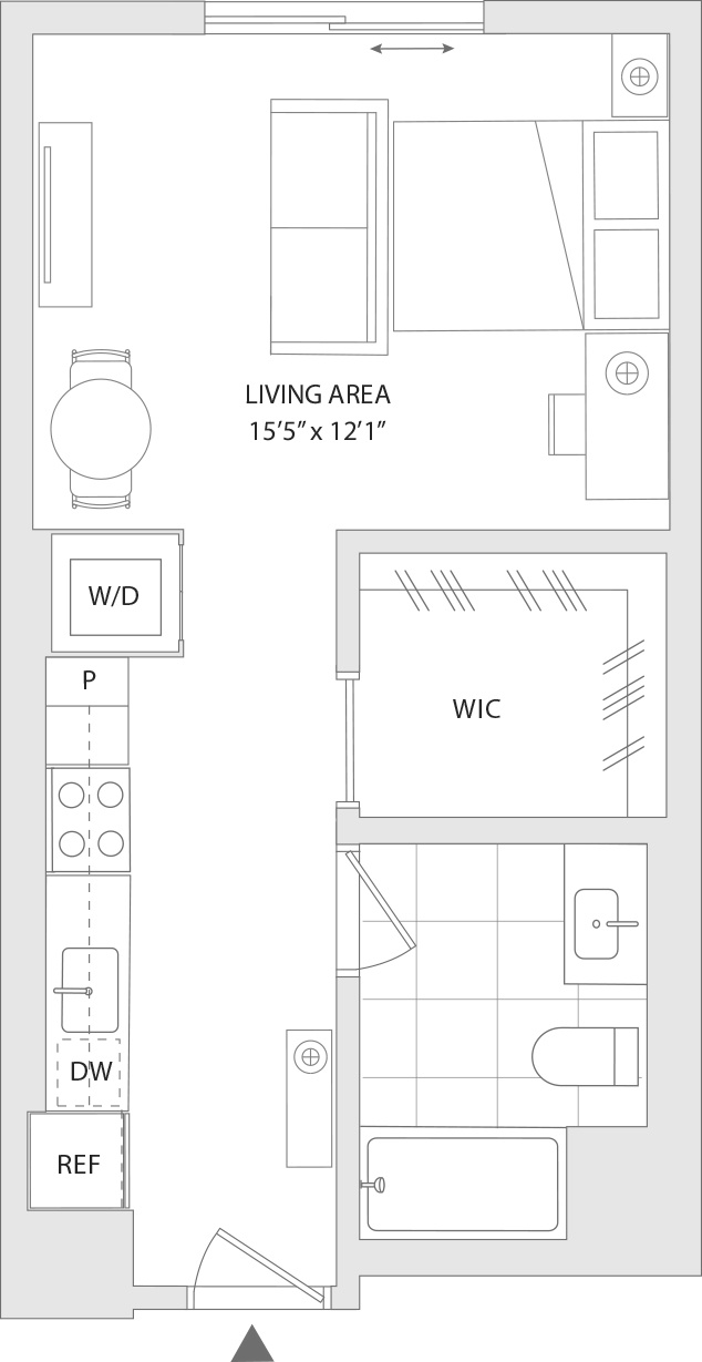 A floor plan of a small apartment with a living area, W/D, WIC, and REF labeled.