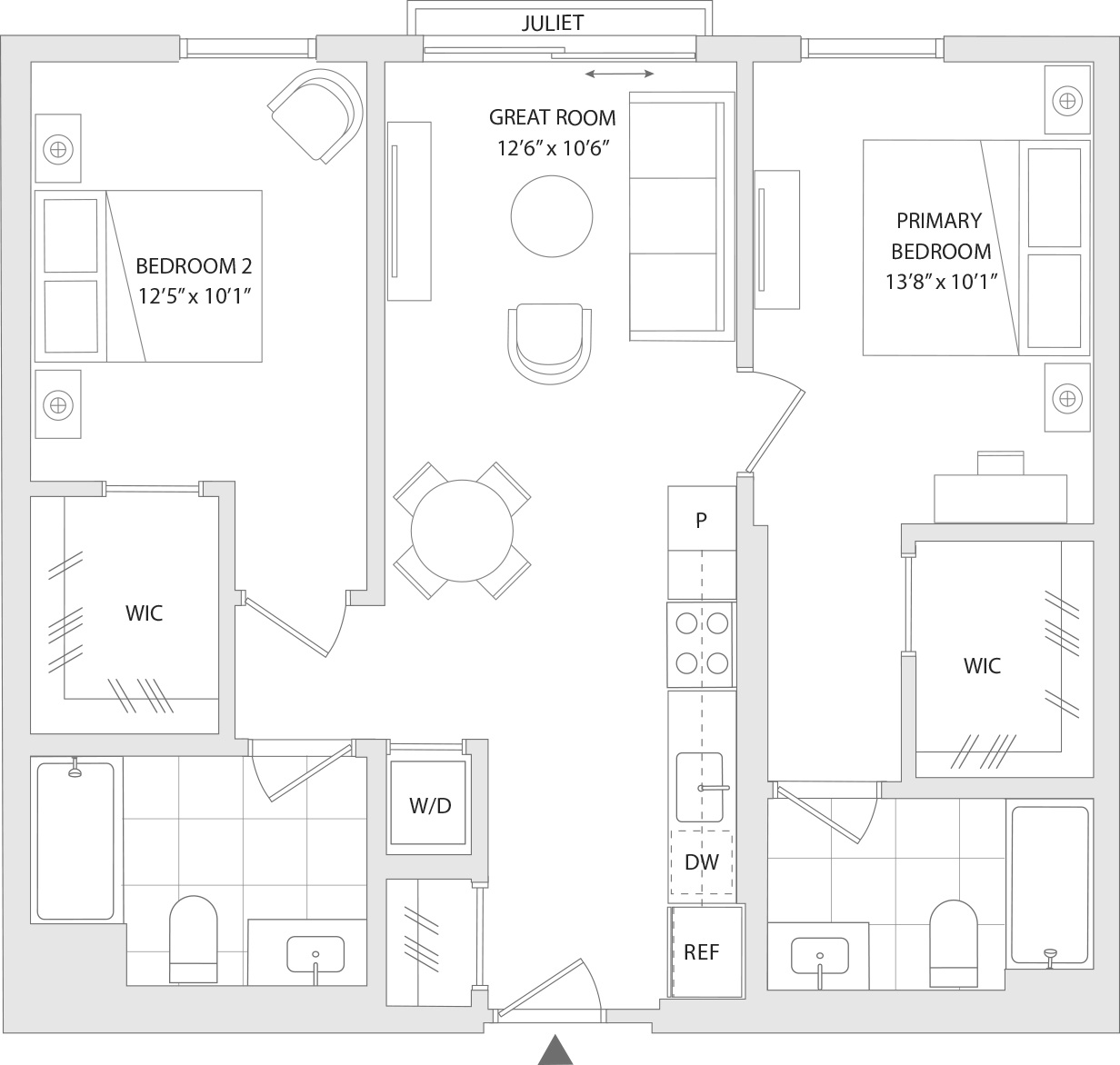 A floor plan of a house with a Great Room, two Bedrooms, a W/D, a DW, a REF, and two W/Cs.