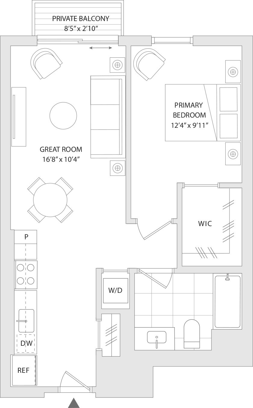 A floor plan of an apartment with a private balcony, great room, and two bedrooms.