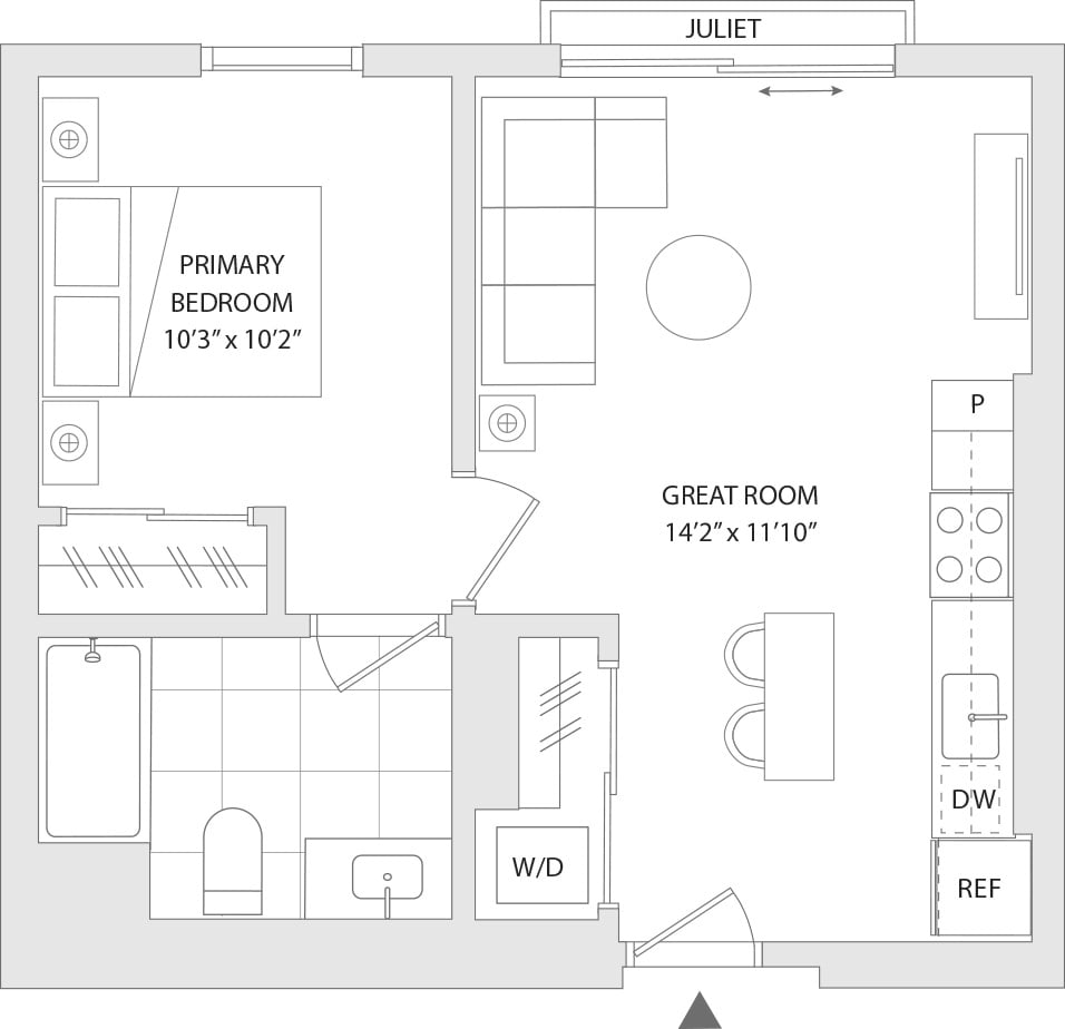 A floor plan of a room with a primary bedroom and a great room.