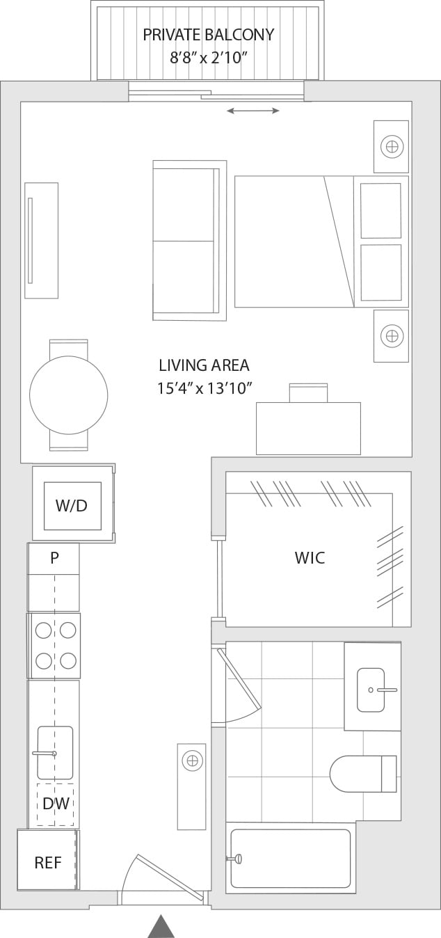 A floor plan of a living space and private balcony.