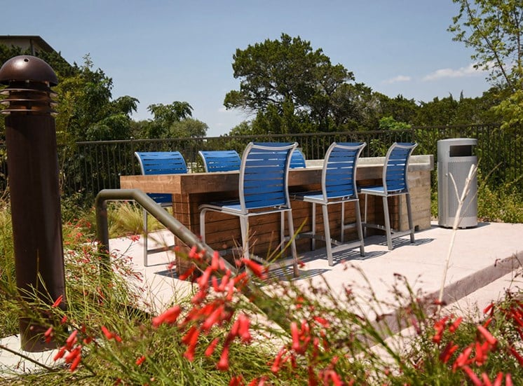 Outdoor seating are with community outdoor table at Terra, Austin, Texas