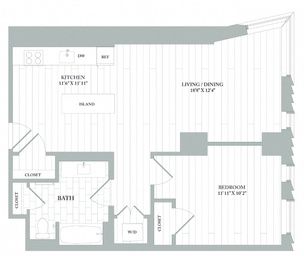 Floor plan layout diagram for A2 | 1 Bed | 1 Bath