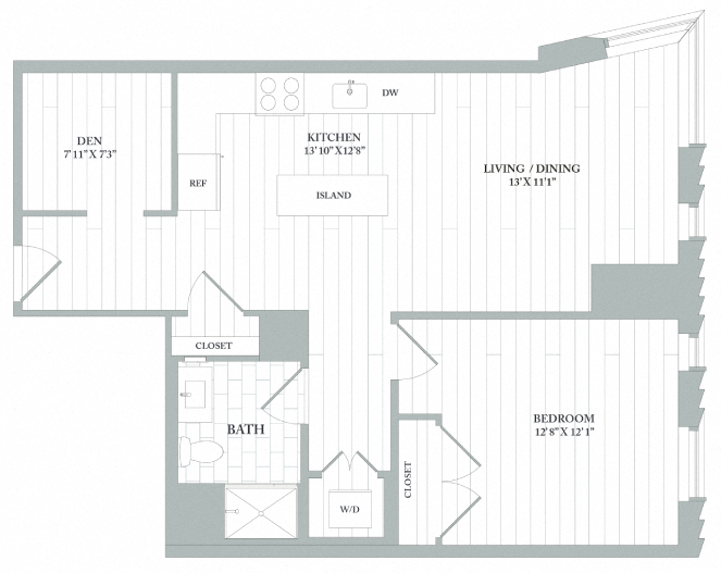 Floor plan layout diagram for AD2A | 1 Bed | 1 Bath | Den
