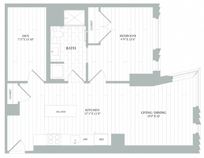 Floor plan layout diagram for AD3 | 1 Bed | 1 Bath | Den