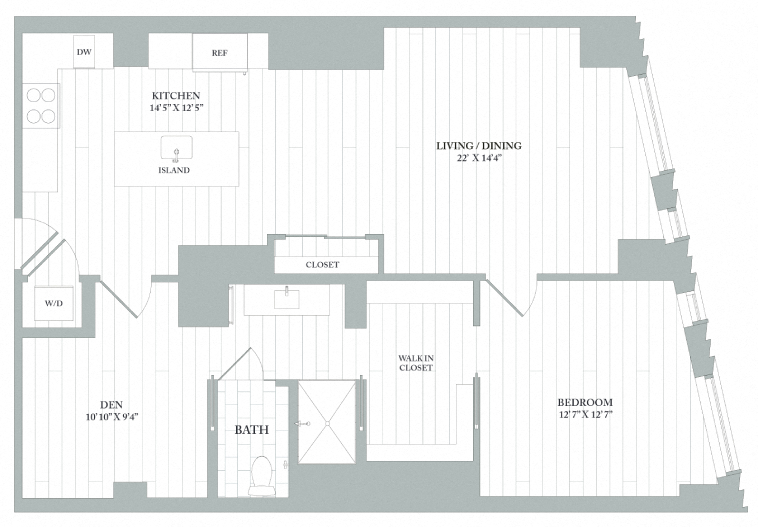 Floor plan layout diagram for AD4 | 1 Bed | 1 Bath | Den