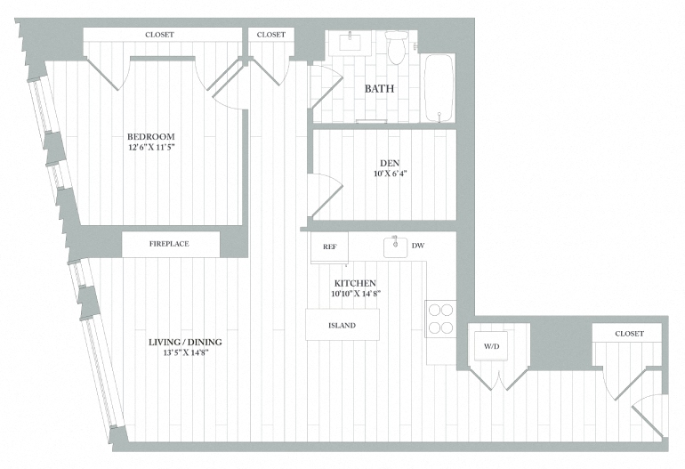 Floor plan layout diagram for AD5 | 1 Bed | 1 Bath | Den