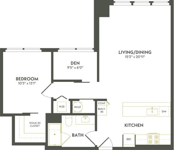 A floor plan of a home with a living/dining area, kitchen, and two bedrooms.