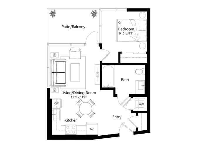 Floor plan layout diagram for 1P - 1 Bed 1 Bath