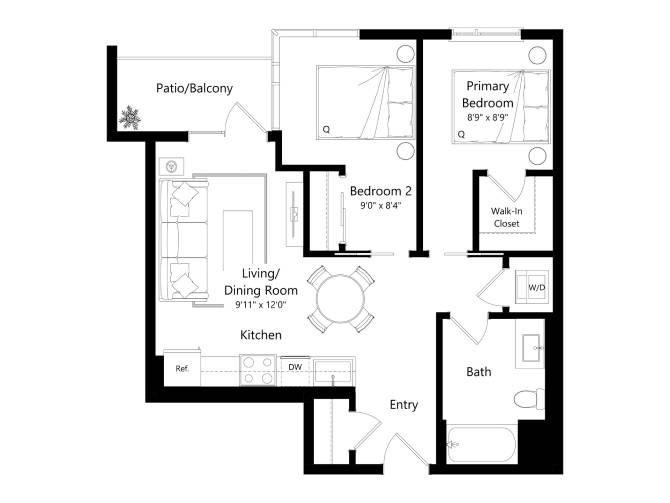 Floor plan layout diagram for 2A - 2 Bed 1 Bath