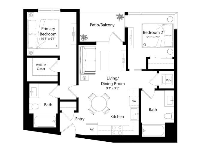 Floor plan layout diagram for 2B - 2 Bed 2 Bath