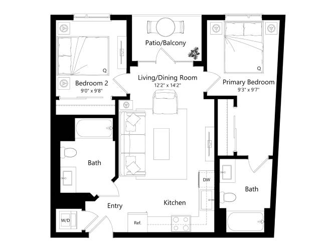 Floor plan layout diagram for 2C - 2 Bed 2 Bath