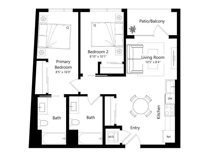 Floor plan layout diagram for 2D - 2 Bed 2 Bath