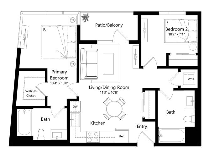 Floor plan layout diagram for 2E - 2 Bed 2 Bath