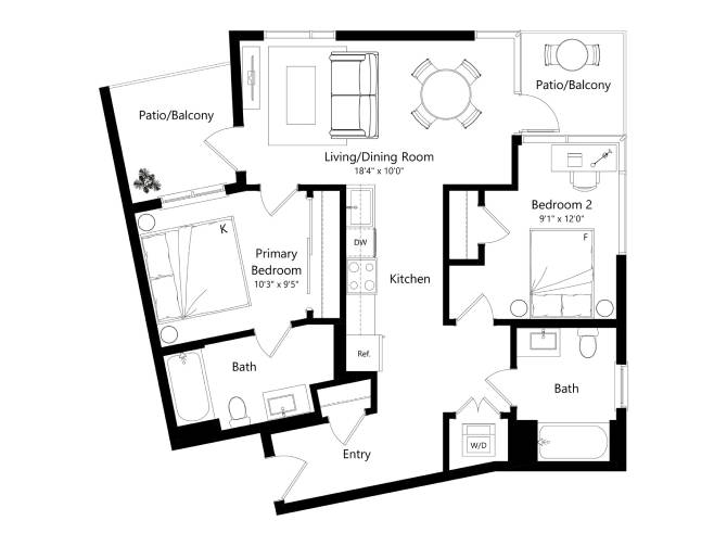 Floor plan layout diagram for 2H - 2 Bed 2 Bath