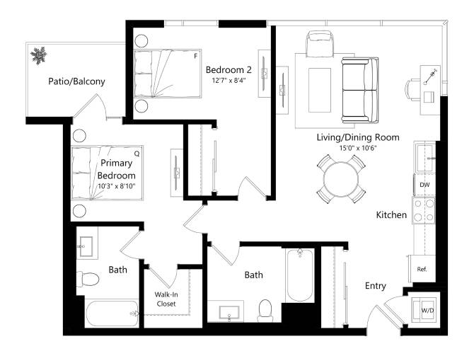 Floor plan layout diagram for 2J - 2 Bed 2 Bath