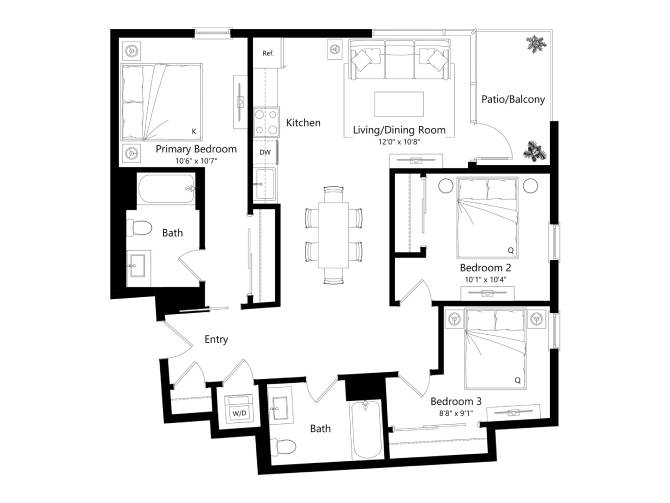 Floor plan layout diagram for 3A - 3 Bed 2 Bath