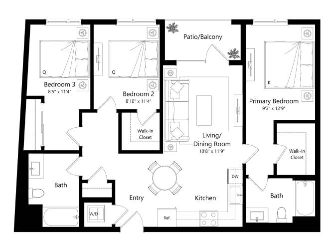 Floor plan layout diagram for 3B - 3 Bed 2 Bath
