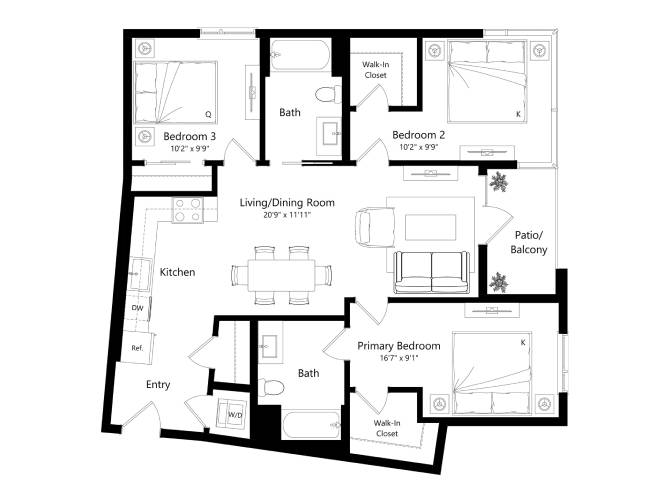 Floor plan layout diagram for 3C - 3 Bed 2 Bath