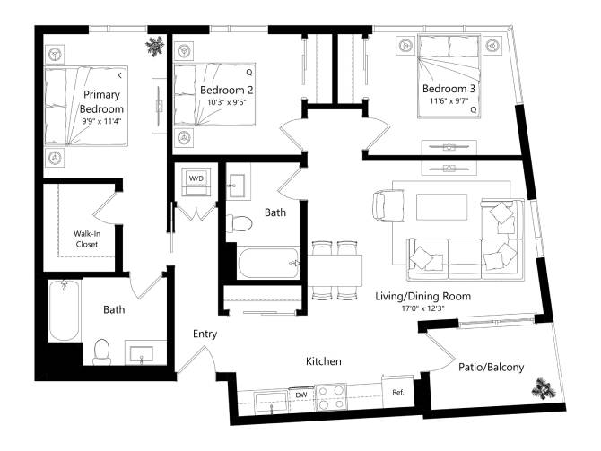 Floor plan layout diagram for 3D - 3 Bed 2 Bath