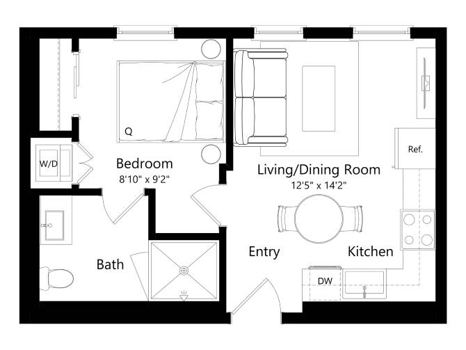 Floor plan layout diagram for B1A - 1 Bed 1 Bath