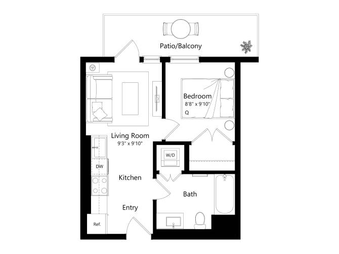 Floor plan layout diagram for B1B - 1 Bed 1 Bath