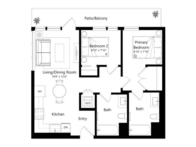 Floor plan layout diagram for B2A - 2 Bed 2 Bath