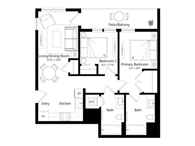 Floor plan layout diagram for B2B - 2 Bed 2 Bath