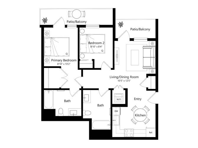 Floor plan layout diagram for B2C - 2 Bed 2 Bath