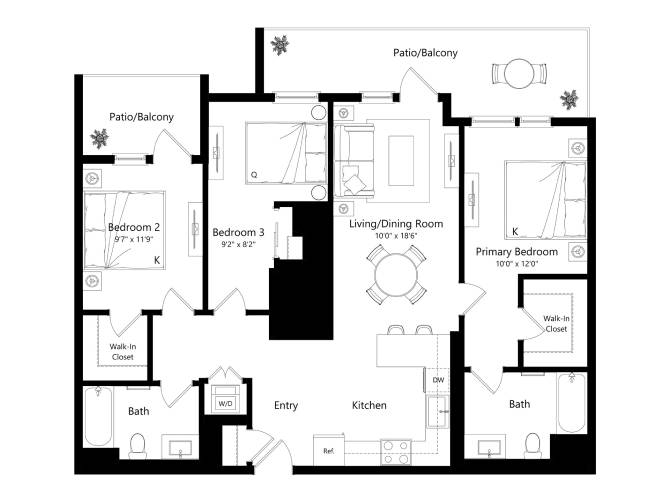 Floor plan layout diagram for B3A - 3 Bed 2 Bath