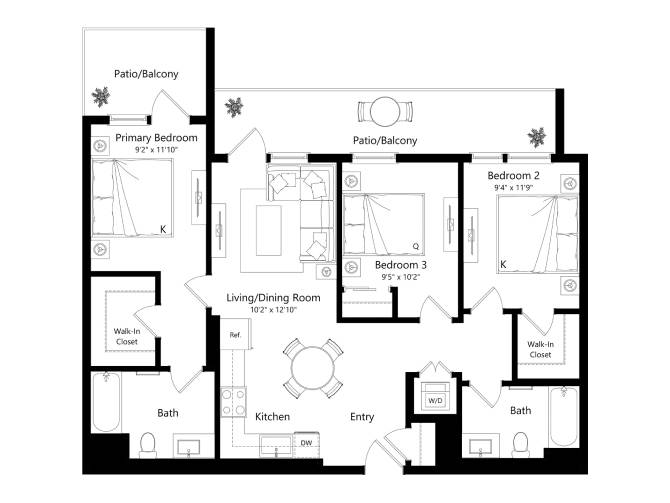 Floor plan layout diagram for B3B - 3 Bed 2 Bath