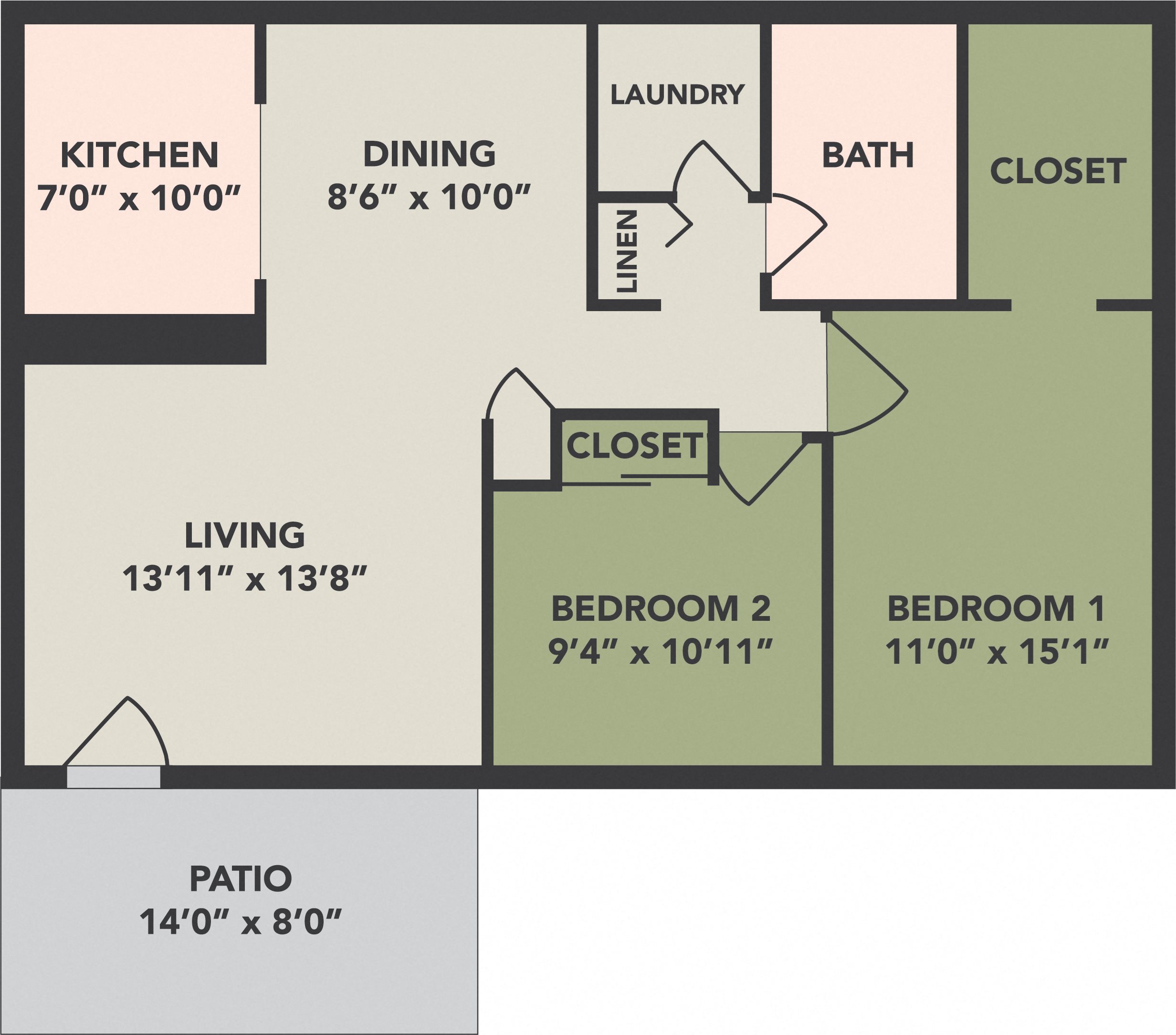 2 Bedroom, 1 Bath, Garden