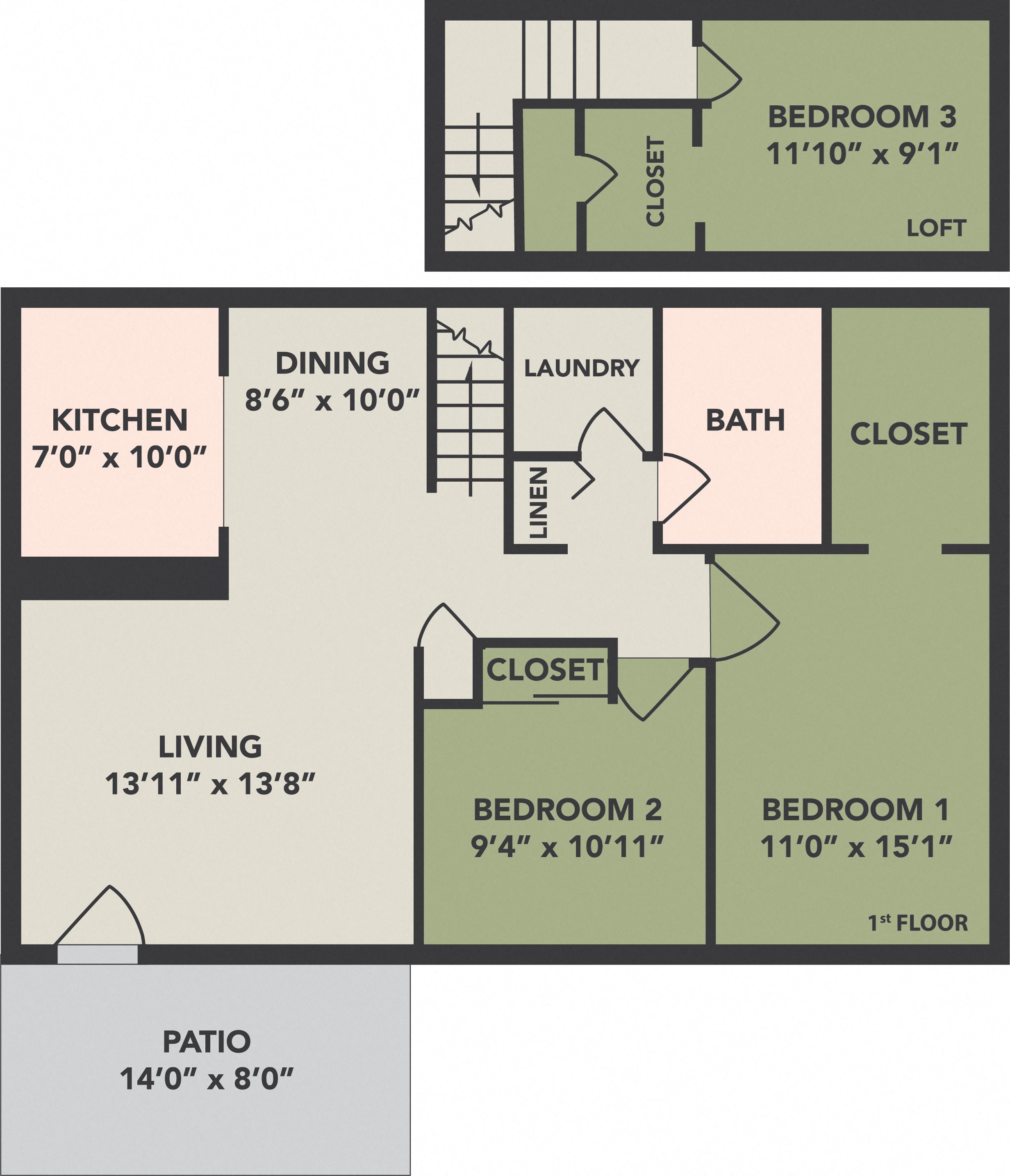3 Bedroom, 1 Bath, Loft